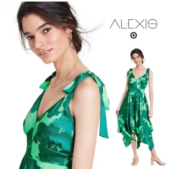 ALEXIS for Target Green Floral Dress – NWT Size 1X - Tie Strap Asymmetrical Hem - Picture 1 of 17